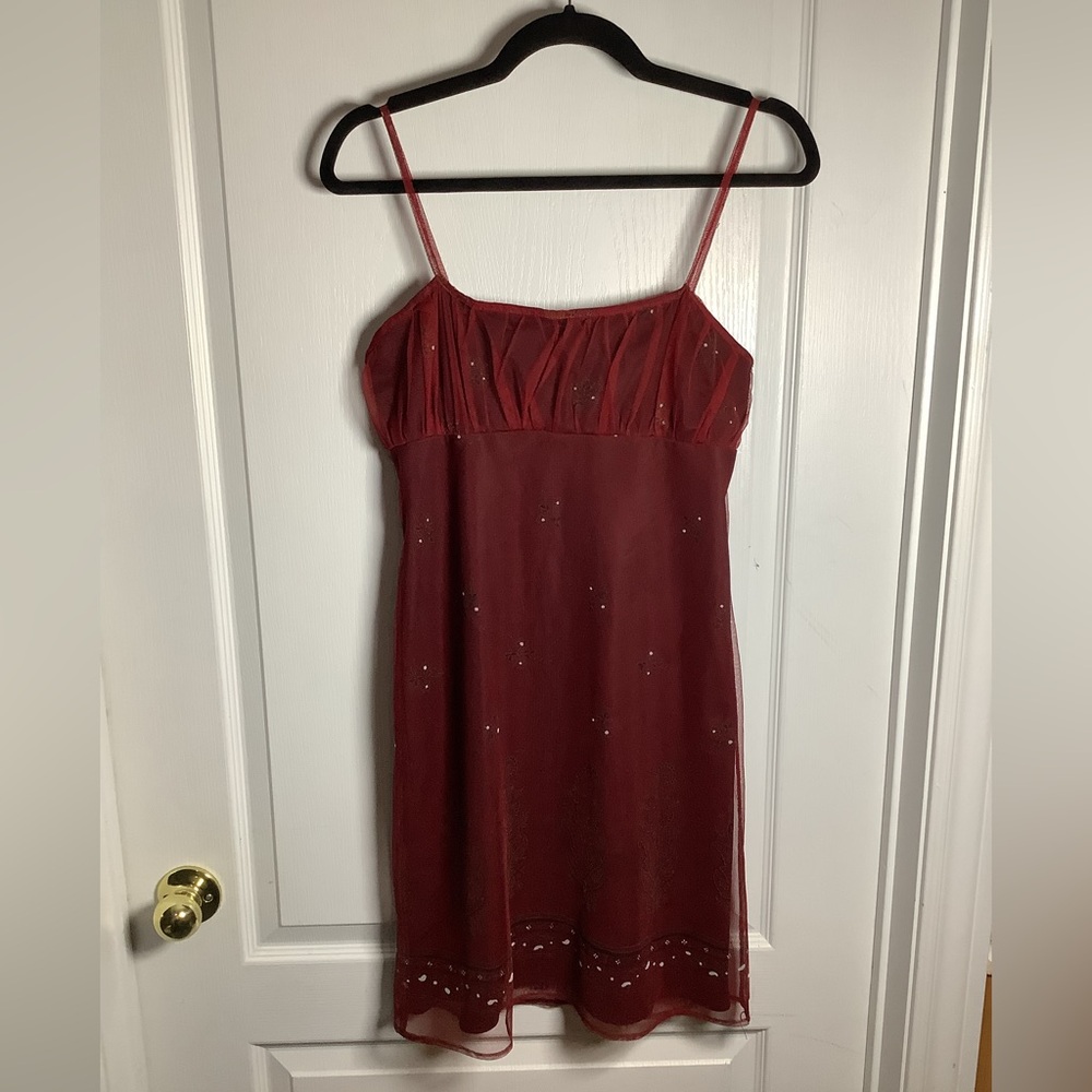 Vintage Scarlet Spaghetti Strap Mesh Overlay Dress
